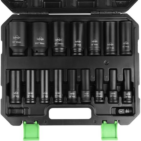 LALAGO 17 Pièces Douilles à Chocs 1/2" 10-32 mm, Coffret de Douille Longue Hexagonales CR-V, Clés à Douille avec Adaptateur 3/8'' à 1/2'', Douilles Métriques 6 Points pour Pneumatiques et Électriques (1/5)