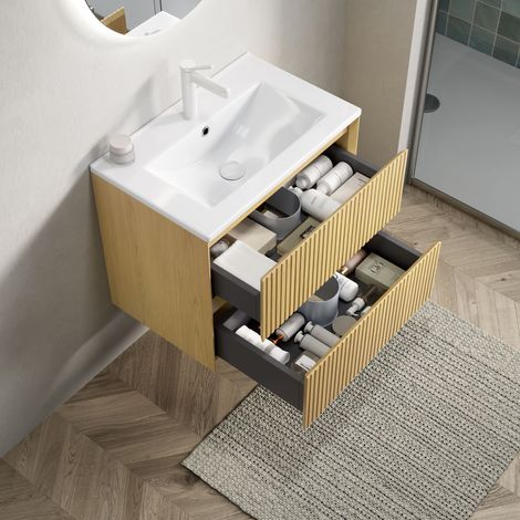 Mobile Bagno Sospeso 61x39x51.5cm moderno MDF legno naturale 2 cassett adatto al bagno (1/5)