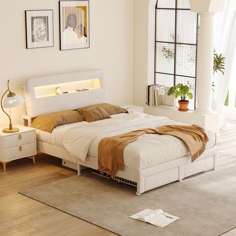 Marco de cama 140 x 190 cm - Almacenamiento en el cabecero - LED - USB - con somier de láminas - Terciopelo - Beige (1/5)