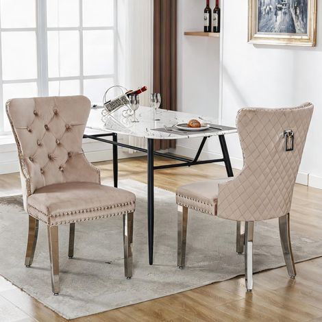 Chaise de salle à manger en velours beige avec pieds en métal (1/5)