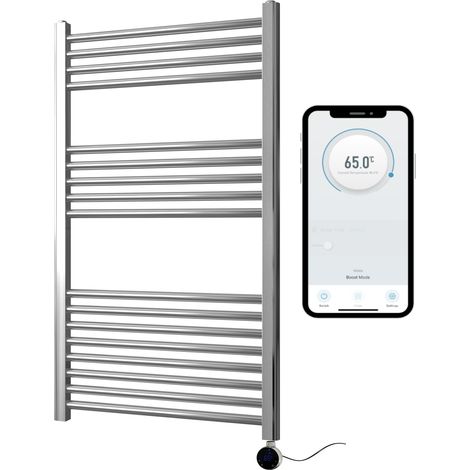 Chrome Electric Smart WiFi Controlled Heated Towel Rail 600mm W x 1000mm H Straight 7 Day Programmable Timer App Compatibility