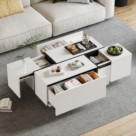 Tavolino da caffè 100x60x40 cm, con 4 cassetti, piano lucido, design bianco e nero, pannello truciolare bianco (1/5)