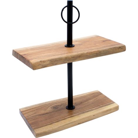 Acacia massif Étagère nature - 42 x 35 cm - Plateau de service en bois avec 2 étages - Support à étages Plateau de service Buffet Support de service Présentoir Support décoratif pour dessert Fruits Pâ