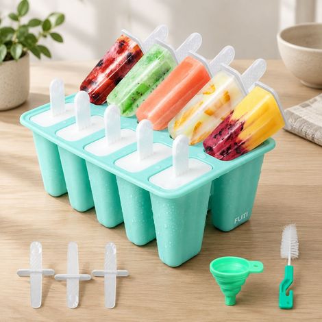 FLITI- Moules à Glaces en Silicone 10 Cavités avec Bâtonnets et Entonnoir Pliable, Sans BPA, Réutilisable, Facile à Démouler et à Nettoyer, Idéal pour Fruits et Jus (1/5)