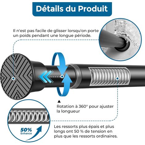 Tringle à Rideau Sans Perçage Extensible 70-120 cm - Barre de Douche à Tension à Ressort Noir, Installation Facile pour Porte/Fenêtre/Salle de Bain (pour Rideaux Légers, Tringle Extensible)