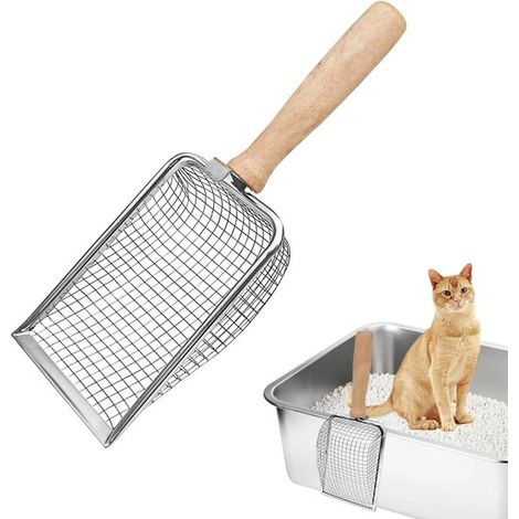 Pala para arena de gato de acero inoxidable con mango de madera - Pala fina para arena de gato para una higiene óptima (1/5)