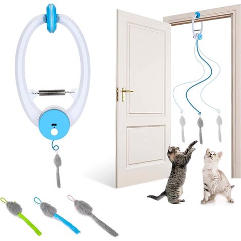 Jouet Chat Suspendu Interactif Automatique 3 Modes, Arrêt Automatique, Recharge Type-C, Cordes 1 m/2 m, 3 souris Incluses