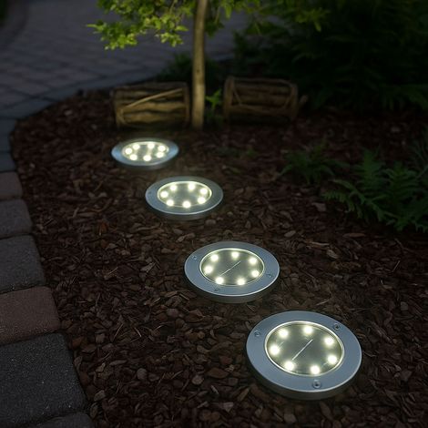 Solarlampen Außenleuchte Spot Erdspieß Edelstahl wetterfest Weg Boden Leuchten, Edelstahl, 8x LED, DxH 13x11,8 cm, 4er Set