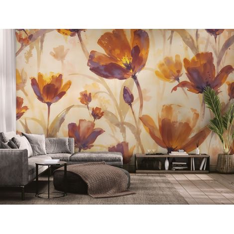 Papier peint Floral – fond aquarelle fleurs mocha - 150 x 250 cm (1/2)