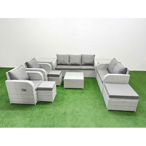 Fimous PE Rattan Garden Furniture Set Adjustable Chair Sofa Double Love Seat 2 Seater Sofa Lounge Set Square Coffee Table 3 Stools 2 Side Table Light Grey (1/4)