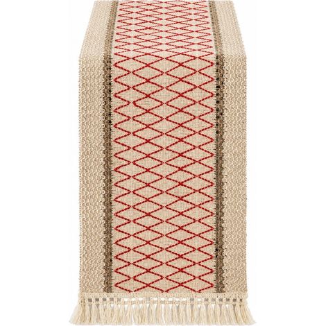 Chemin de table rétro japonais en coton et lin, nappe à rayures pour table basse, Noël, 30 cm de large (la largeur dépend de la couleur) x longueur 300 cm (pompons inclus) - Rouge quadrillé (30 cm de (1/5)