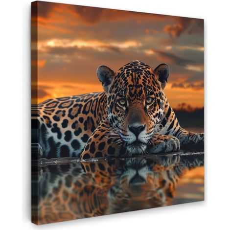 TABLEAU SUR TOILE Nature - Léopard - Animal - Coucher de soleil - Moderne Tableau Chambre Adulte 90x90 cm
