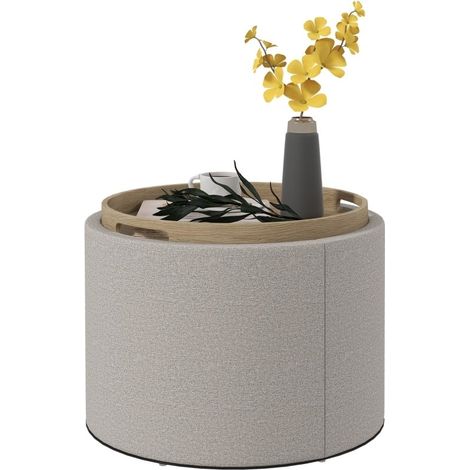 Puf acolchado de lino con almacenamiento oculto y tapa reversible. Medidas 56×56×42 cm, colores gris claro y natural (1/5)