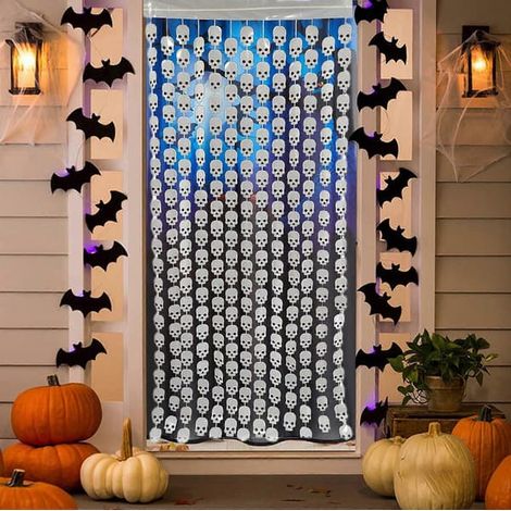 Costume d'Halloween pour femme, décorations d'Halloween, rideaux de pluie à têtes de mort 79x39 pouces, accessoires de fête d'Halloween, rideau décoratif d'intérieur pour porte. (1/5)