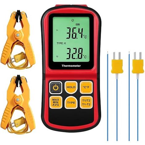 Thermomètre à thermocouple double canal, types K/J/T/E/R/S/N, -150 à 1767 °C (-238 à 3212 °F) Thermomètre numérique Rétroéclairage, maintien des données (1/5)