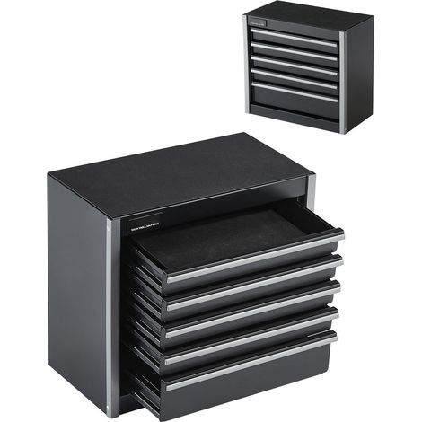 Coffre à outils métal 8,6" avec 5 tiroirs, portable, doublure EVA, pieds en PP, acier robuste, ouverture à billes, finition poudrée noire. (1/5)