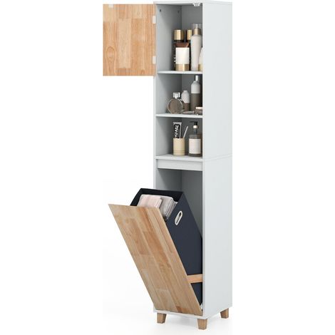 Mobile lavanderia basculante 32 x 31 x 170,5 cm con cesto estraibile design moderno in legno di caucciù bianco 200018677