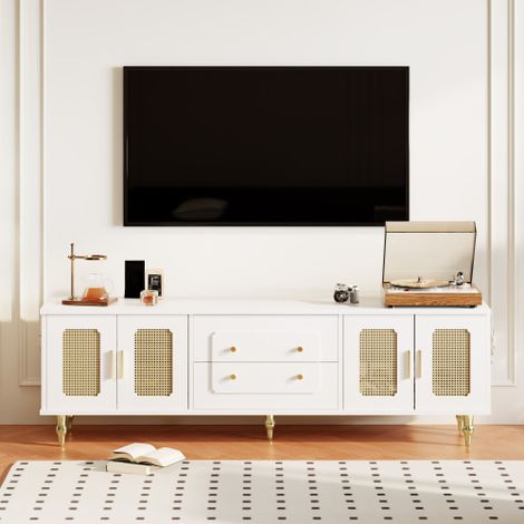 Lowboard, TV-Möbel im Retro-Stil: goldene Griffe, viel Stauraum. Mit Rattantür und Metallbeinen