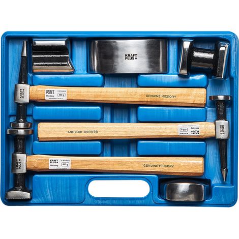 KRAFTPLUS K.872-4010 Karosserie-Ausbeul-Satz Ausbeulhammer mit HICKORY Holzstiel Ausbeulwerkzeug Set 7-tlg.