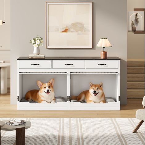 Cuccia per cani in MDF e metallo con 3 cassetti, porta ribaltabile, 164x60x81 cm, bianco nero (1/5)