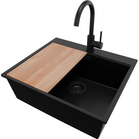 PRIMAGRAN Evier Cuisine en Granit 58x50cm, Lavabo 1 bac + Robinet 32x20cm + Kit de Vidage + Accessoire, Évier à Encastrer au meuble 60cm - Oslo, Tout Noir (1/5)