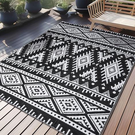 Tapis d'extérieur résistant aux intempéries - En plastique - Pliable - Lavable - Résistant aux UV - Réversible - Pour balcon, jardin, terrasse, camping, pique-nique (150 x 240 cm, noir et (1/5)