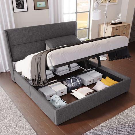 CHICFURN Lit plateforme 140 x 200 cm avec rangement cadre métal et MDF noir (1/5)