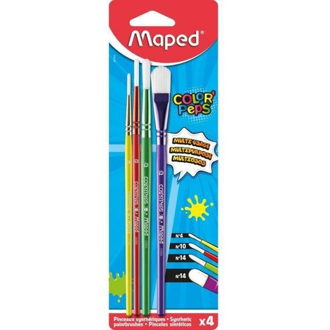 Set de pinceaux pour enfant - MAPED - Lot de 4 pinceaux - 3 pinceaux ronds - 1 pinceau plat - Tailles N°4, 10, 14