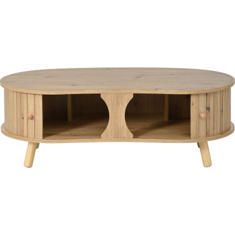 Table basse forme pois rainurée, portes coulissantes pieds bois massif MDF