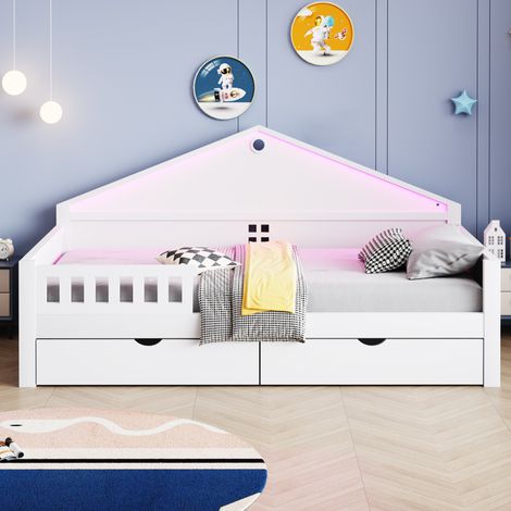 Lit enfant 90 x 200 cm avec LED, 2 tiroirs, sommier à lattes, blanc (1/5)
