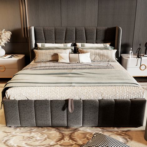 Letto contenitore 180x200 cm con rete a doghe, testiera, sollevamento pneumatico, grigio DESVIAE (1/5)
