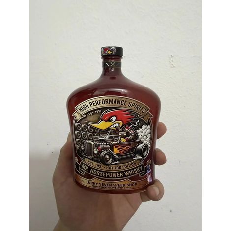 (A) Carafe de collection Vintage Hot Rod Mr Horsepower Woody Woodpecker, bouteille de whisky en verre ambré à motif de voiture de course rétro, (1/5)