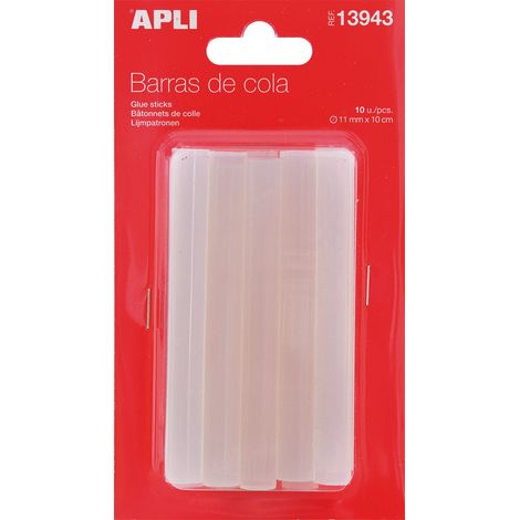 APLI 13943 - Pack de 10 barras para pistola de cola, 11 mm x 10 cm, color transparente