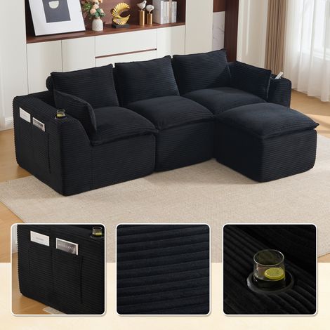 Canapé modulable 3 places + pouf, avec coussins, porte-gobelet et 2 poches latérales. Garnissage en mousse et ressorts. Idéal pour le salon et les espaces similaires (tissu côtelé noir) (1/5)