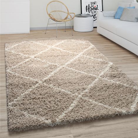 Paco Home Alfombra Pelo Largo Salón Shaggy Diseño Escandinavo Rombos Moderna En Beige 120x170 cm (1/5)
