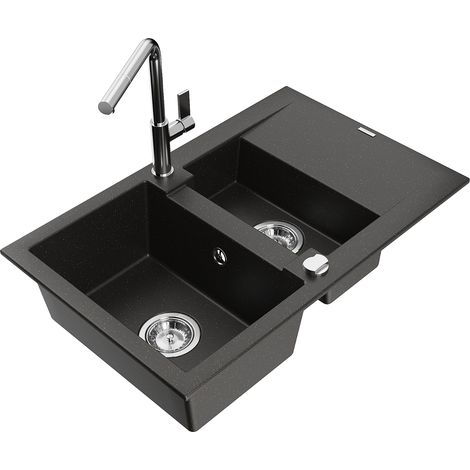 Mexen Gaspar lavello in granito a 1,5 vasca con sgocciolatoio e rubinetto da cucina Flora, nero/oro metallizzato (1/5)
