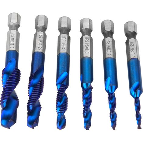 Lot de 6 forets taraudés à queue hexagonale en acier rapide de 6,35 mm, composés M3/M4/M5/M6/M8/M10 (type C) (1/5)