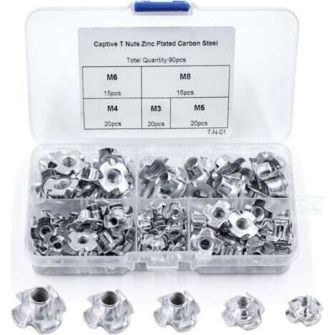 90 écrous en T, 4 griffes, acier au carbone, M3/M4/M5/M6/M8, pour le travail du bois, insert en acier au carbone (1/4)