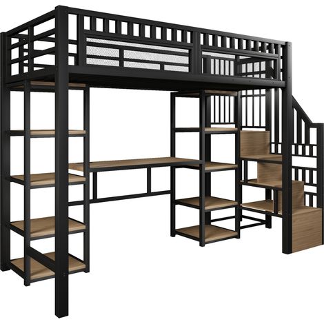 Hochbett 90x200 cm aus Metall und MDF mit Schreibtisch, Stauraum, LED und USB, Schwarz HOMVRA (1/5)
