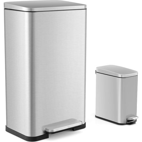 GOPLUS Lot de2 Poubelles Pédals en Métal Inoxydable, Poubelles de 40L + 6L avec Couvercle Fermeture Douce, Pédales, Seaux Intérieurs Amovibles,pour Cuisine, Salon, Bureau (1/5)