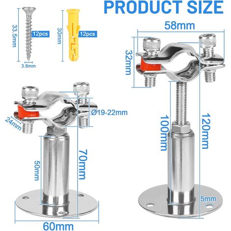 LALAGO 4pcs Support Tuyaux Réglable pour Φ19-22mm, Pince de Support Tube à Montage Mural en Acier Inox avec 12pcs vis et tubes d'expansion, Collier de Serrage Plafond pour la Fixation ou de Barres