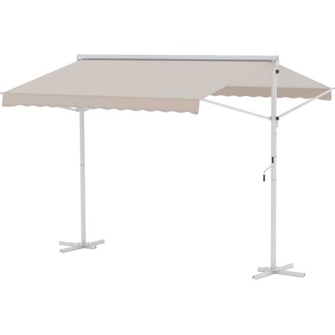 Outsunny Store Double Pente 3 x 3 m Manuel rétractable Inclinaison réglable Acier époxy Blanc Polyester imperméabilisé Anti-UV Beige