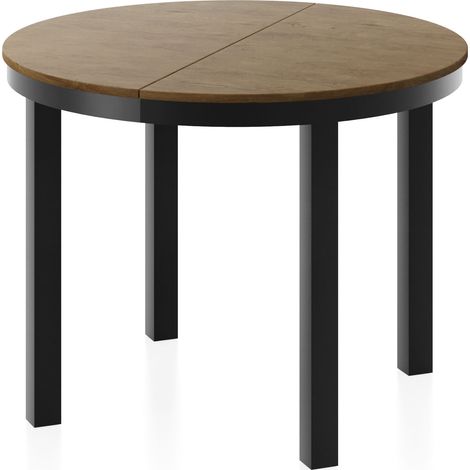 Runder Ausziehbarer Esstisch mit Schwarzem Metallgestell – Platzsparender Tisch im Loft-Stil – Lefkas Eiche mit Schwarzen Metallbeinen – 100 bis 180 cm