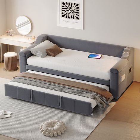 Letto divano moderno 90/180x190 cm in velluto grigio, con stereo Bluetooth, USB, vani portaoggetti e rete a doghe (1/5)