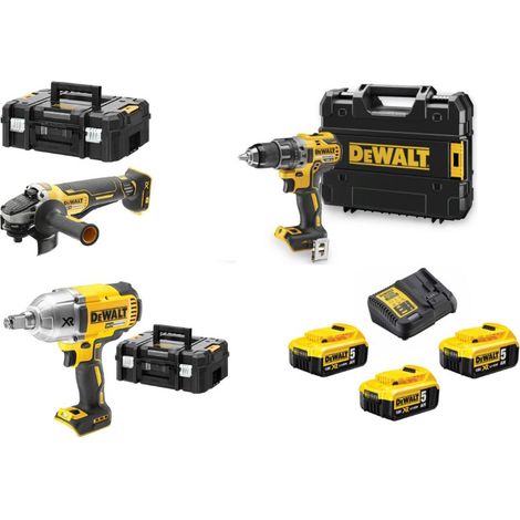 DEWALT - Visseuse + Boulonneuse + Meuleuse + 3 Batteries Dewalt - DCKM009 - Ce produit de marque Dewalt est neuf.