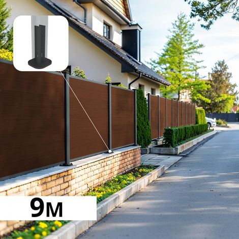Kit Clôture Composite sur Muret CRUZ Ipé 9,17x1,2m - Bois composite & Aluminium - Poteaux sur Platines Gris Anthracite - Brise vue
