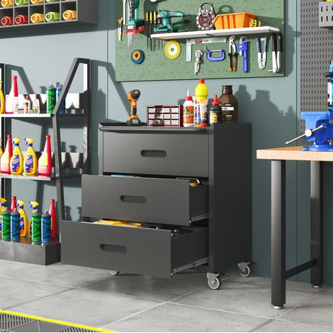 Werkzeugschrank aus Metall 75x42x88 cm schwarz/grau mit 3 Schubladen – MEUBLIV (1/5)