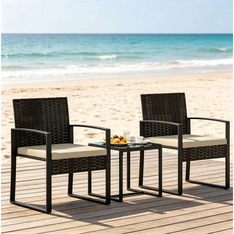 Salotto da giardino 3 pezzi con tavolo e 2 sedie, rattan PE nero e marrone OKMYHOME (1/5)
