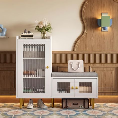Meuble à Chaussures Scandinave en Bois avec Portes en Verre - 3 Compartiments, Étagères Réglables et Niche Ouverte - dispositif anti-basculement - Blanc (1/5)