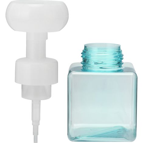 Flacon pompe rechargeable 250ml pour savon mousseux, forme fleur transparente bleue, parfait pour les voyages. (1/5)